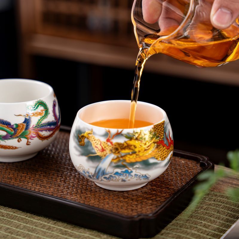 【新品包邮】龙年鸿运鸿龙凤凰杯茶盏龙纹陶瓷主人杯白