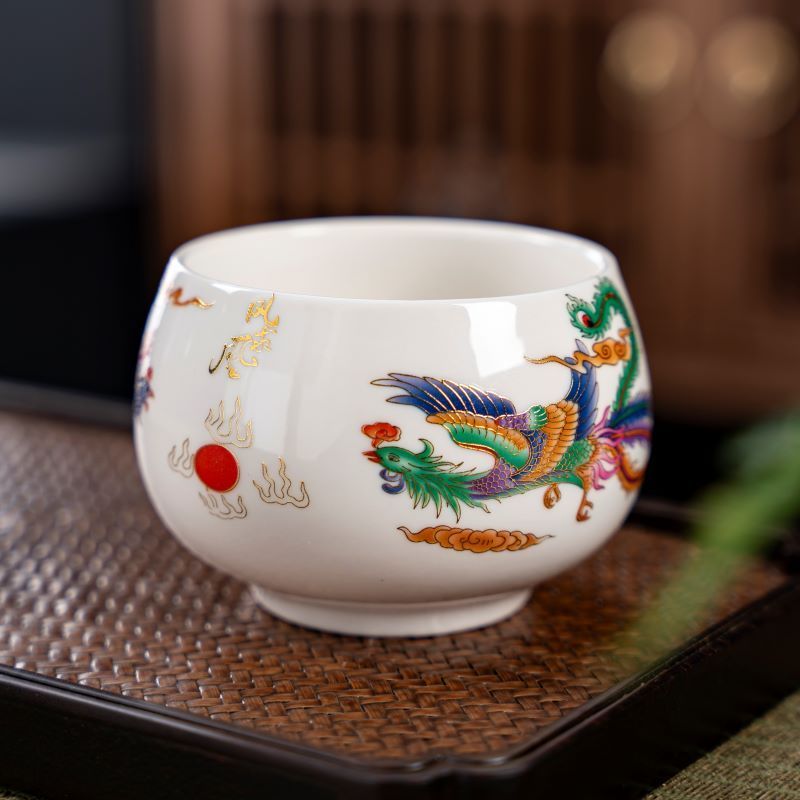 【新品包邮】龙年鸿运鸿龙凤凰杯茶盏龙纹陶瓷主人杯白