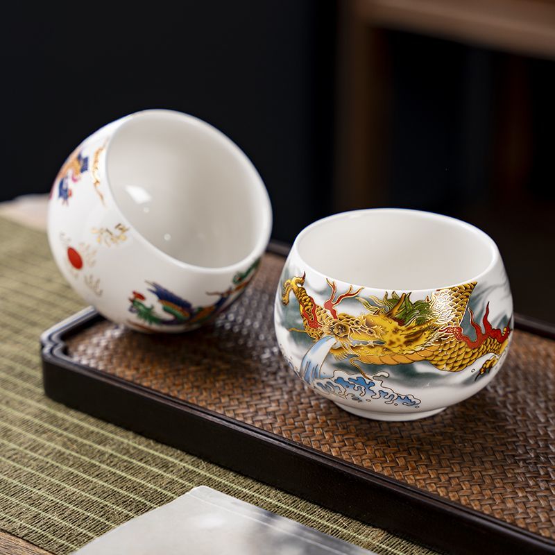 【新品包邮】龙年鸿运鸿龙凤凰杯茶盏龙纹陶瓷主人杯白