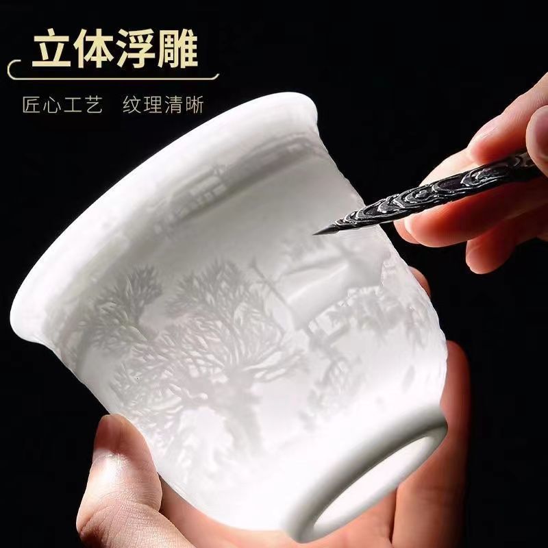 (亏本福利包邮)清明上河图图案羊脂白瓷茶杯
