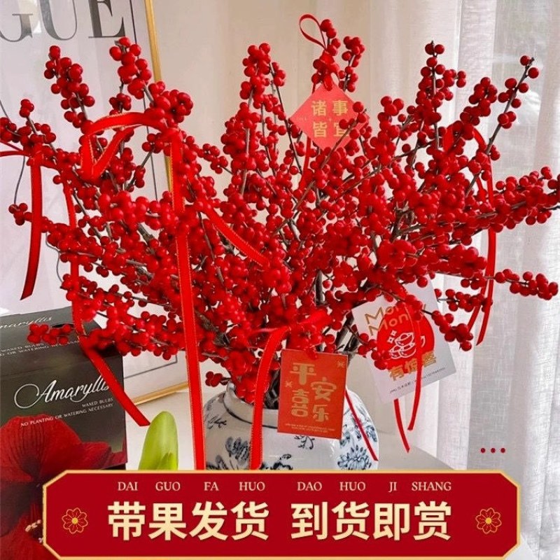 北美冬青切枝鲜切水培插花新款春节喜庆年宵花鲜枝室内客厅摆
