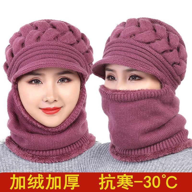 中老年人帽子女冬季毛线帽加绒保暖百搭加厚围脖妈妈帽连体针
