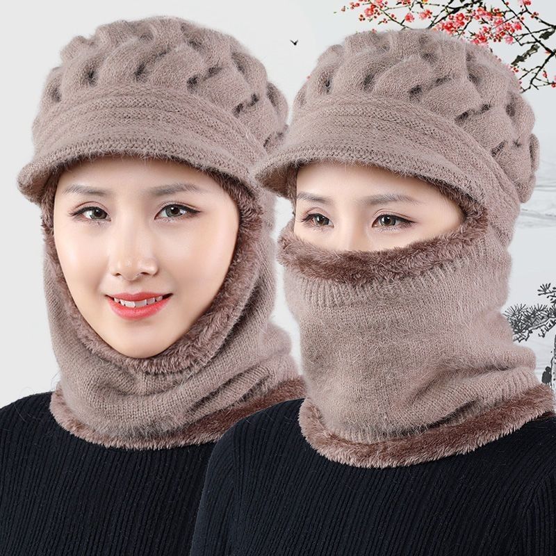中老年人帽子女冬季毛线帽加绒保暖百搭加厚围脖妈妈帽连体针
