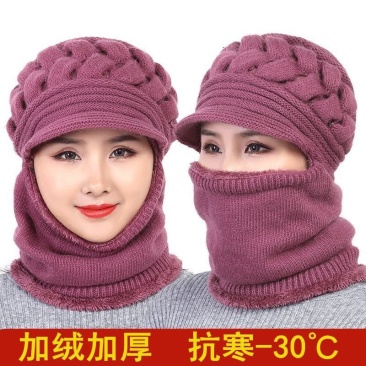 中老年人帽子女冬季毛线帽加绒保暖百搭加厚围脖妈妈帽连体针