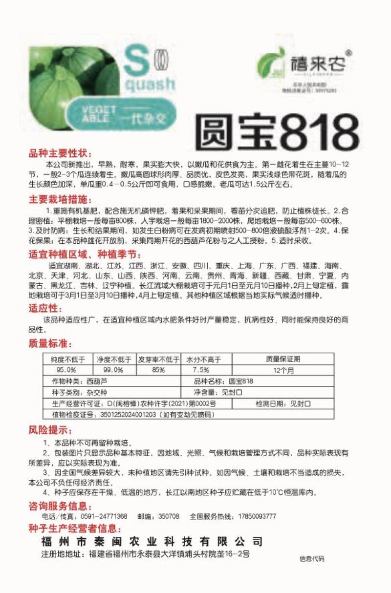圆宝818西葫芦种子早熟耐寒口感脆嫩阳台庭院盆栽蔬菜种子