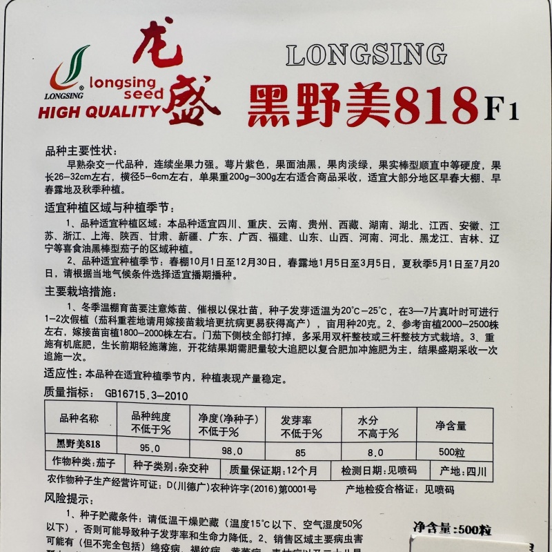 黑野美518油黑长条茄子种子果肉淡绿早熟顺直黑长茄种子