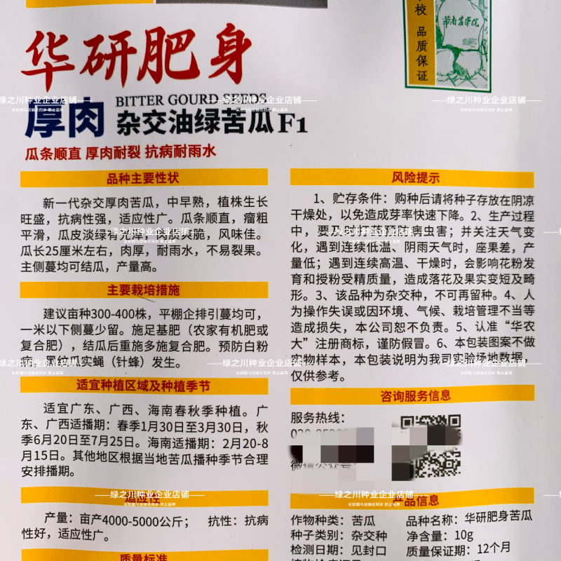 华农大华研肥身苦瓜种子耐热杂交油绿苦瓜种子厚肉耐雨水