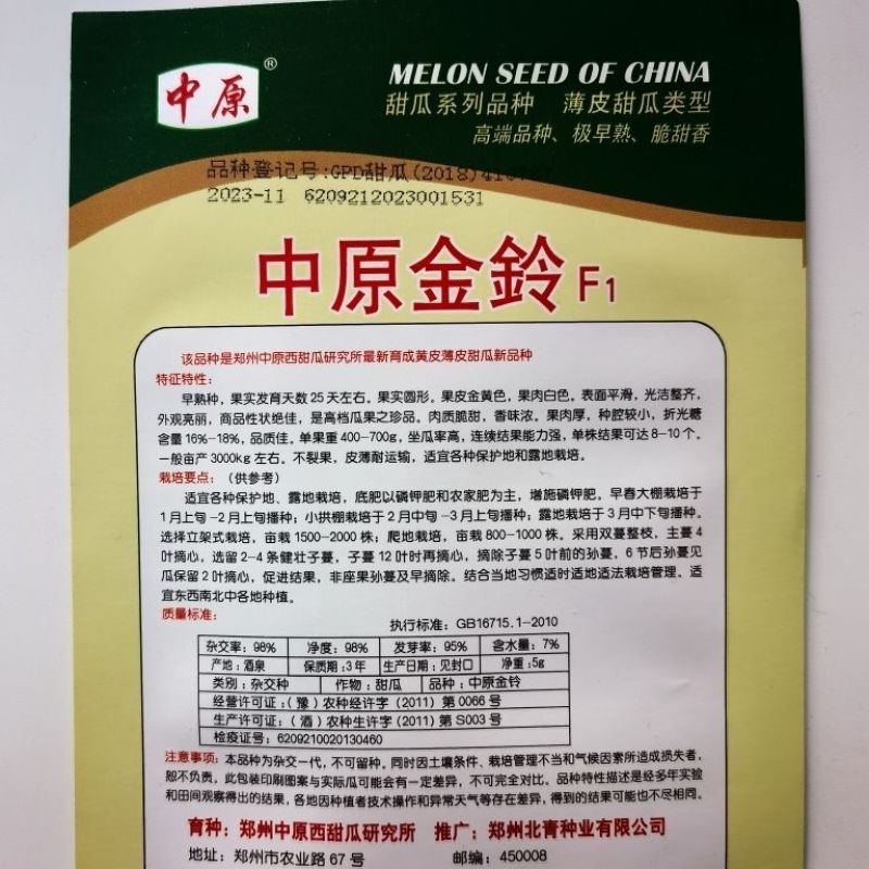 中原金玲甜瓜种子新育成的杂交早熟品种色泽金黄肉质甜脆香味