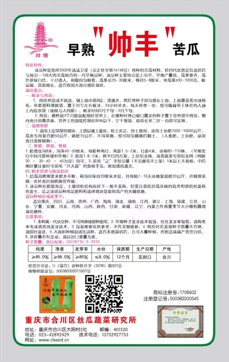 苦瓜种子帅丰大刺瘤绿白杂交苦瓜太空育种早熟高产