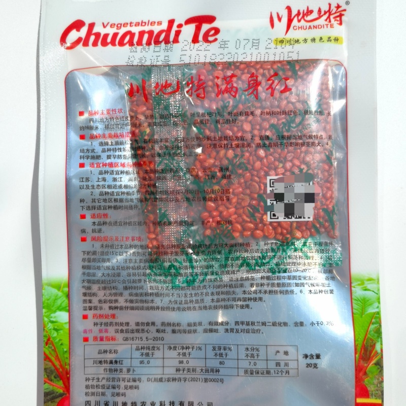 川地特满身红萝卜种子早熟品种耐热强叶呈琵琶叶形表皮红