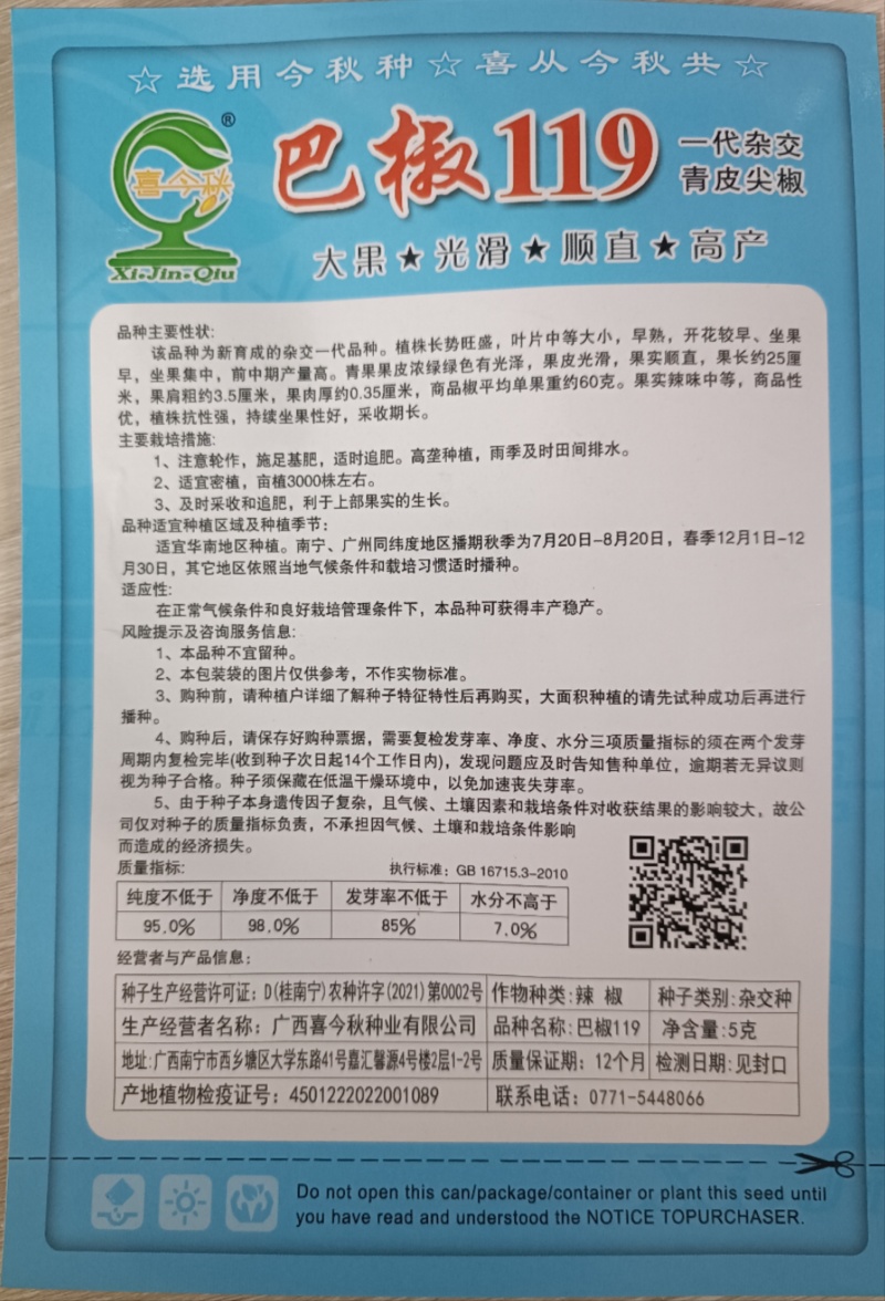 【巴椒119青椒】杂交一代青皮尖椒早熟挂果集中产量佳