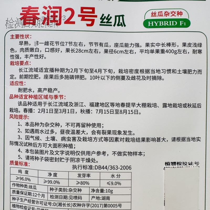 春润2号丝瓜种子节节有瓜杂交丝瓜种子三比二类型中长棒耐寒