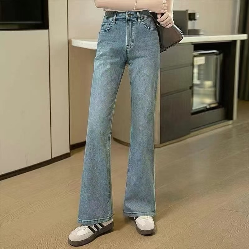 牛仔裤2025春装新款女复装古做高旧腰长款显瘦微