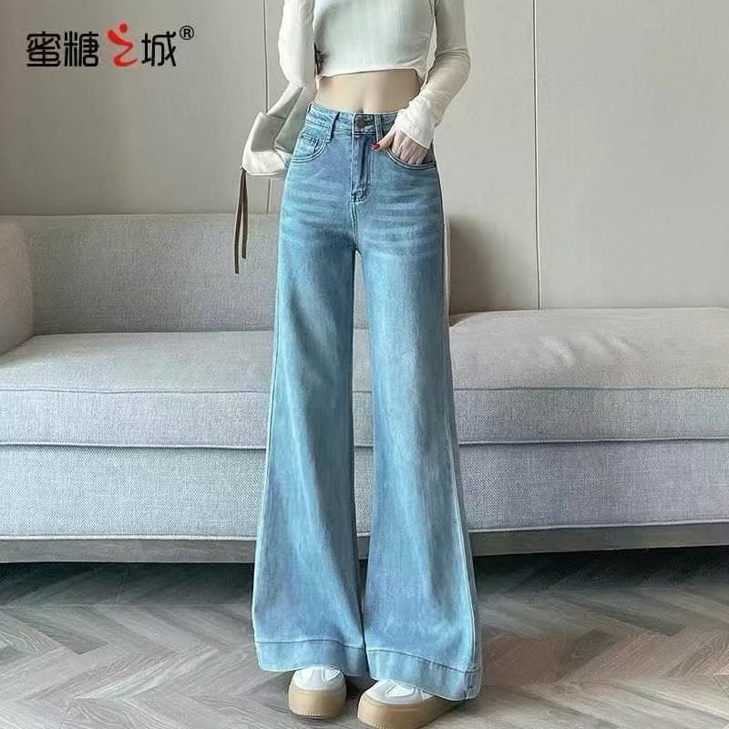 牛仔裤2025春装新款女装复古做高旧腰长款显瘦微喇直