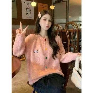 春季新款针开织衫女款薄毛衣套外长袖宽松圆领