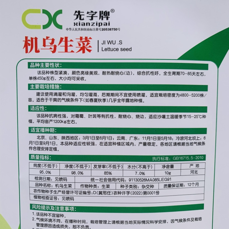 先字牌机乌生菜种子耐热耐烧心大速生菜种子春夏秋四季蔬菜种