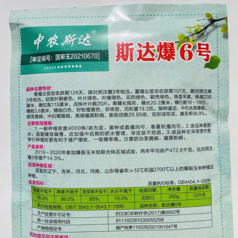 中农斯达爆米花种子斯达爆6号玉米种子珍珠型爆花率高球形花