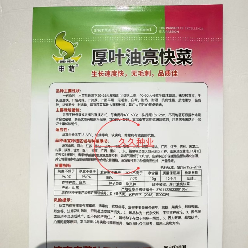 申萌厚叶油亮快菜种子杂交无毛刺白帮四季速生小白菜蔬菜青菜