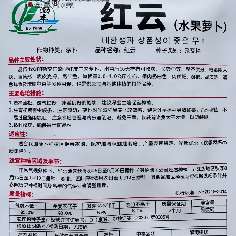 渤丰红云水果萝卜种子红皮白肉萝卜种子口感型脆甜红萝卜种籽