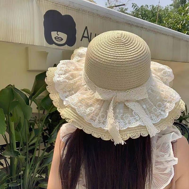夏季海边沙滩户外草帽蕾丝蝴蝶结遮阳防晒帽防紫外线太阳草帽