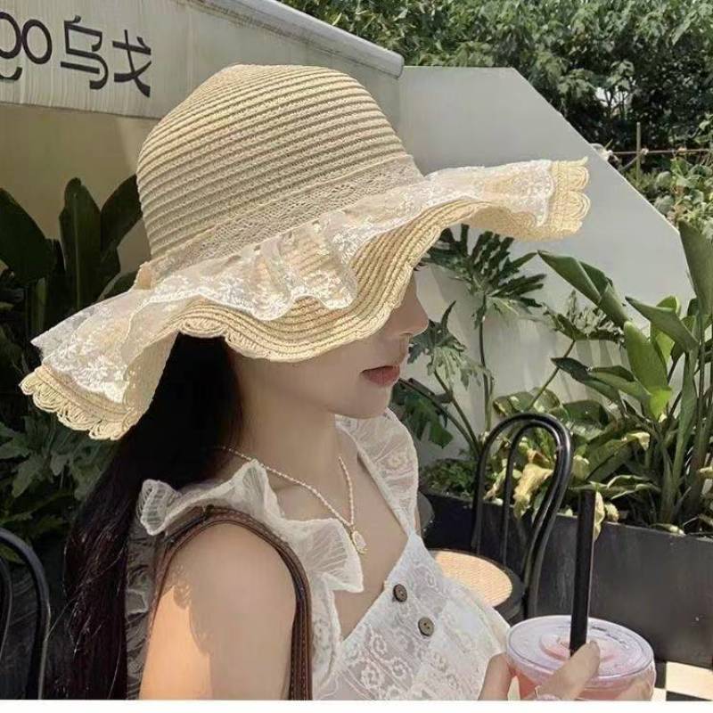夏季海边沙滩户外草帽蕾丝蝴蝶结遮阳防晒帽防紫外线太阳草帽