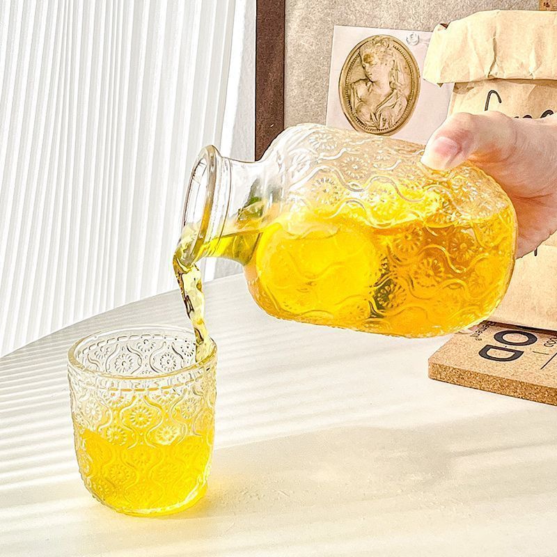 一壶一杯套装复古玻璃水壶果汁饮料混酒壶透明浮雕海棠花纹冷水壶
