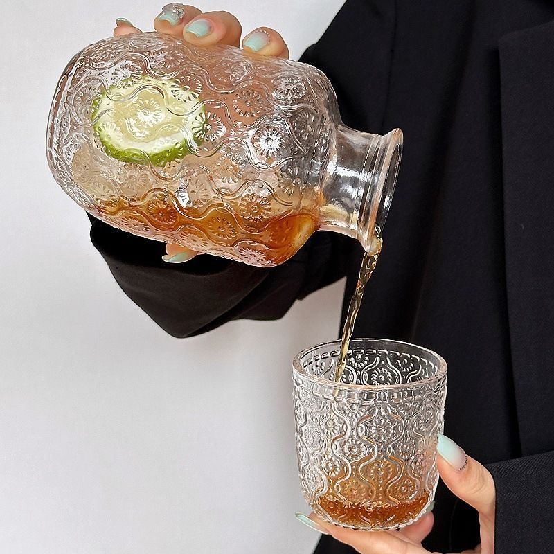 一壶一杯套装复古玻璃水壶果汁饮料混酒壶透明浮雕海棠花纹冷水壶