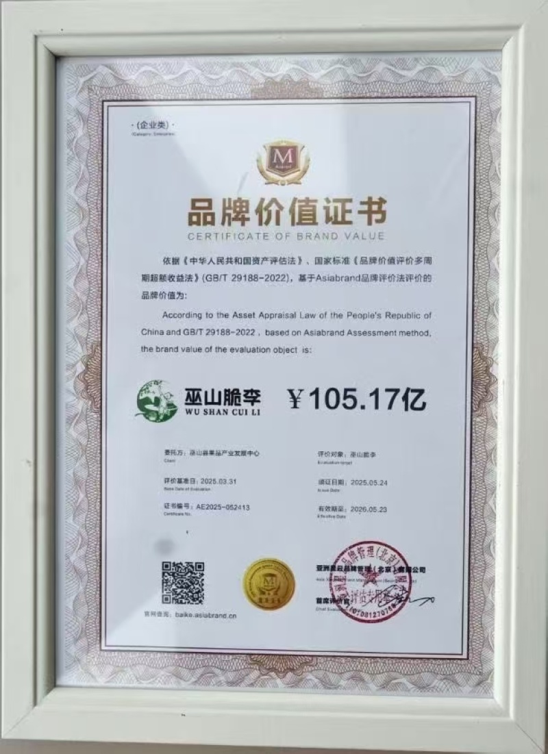 巫山脆李品牌价值105.17亿