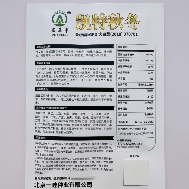 凯特秋冬大白菜种子特大颗杂交黄心白菜种子秋季黄芯结球白菜