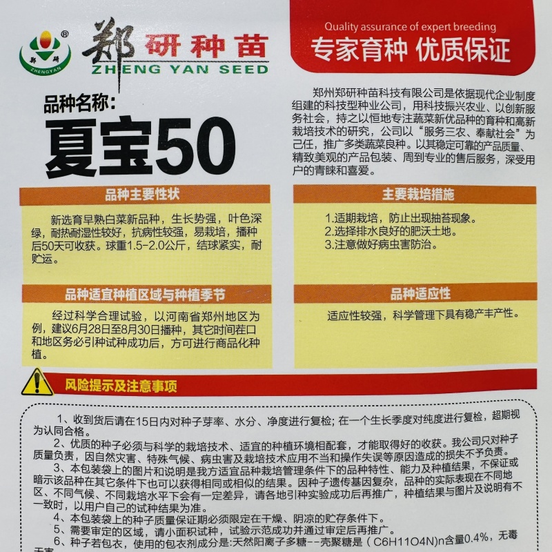 郑研种苗夏宝50天大白菜种子早熟夏阳白菜种籽夏季抗热结球