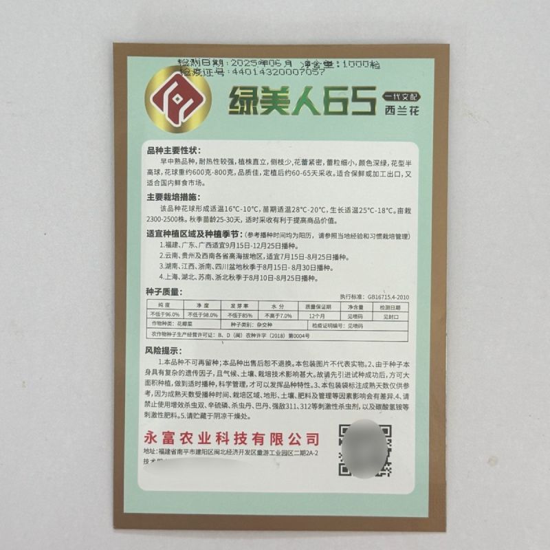 绿美人65天75天85天早熟中熟晚熟青梗花椰菜一代杂交西