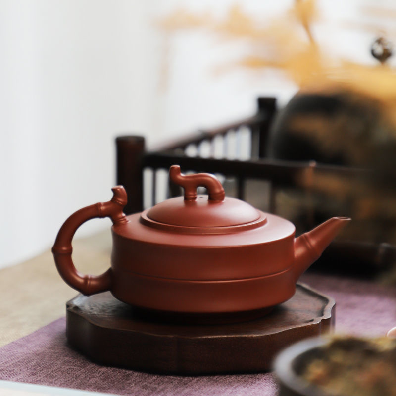 妍器宜兴紫砂壶朱泥大红袍竹节壶纯手工泡茶壶家用茶具功夫茶