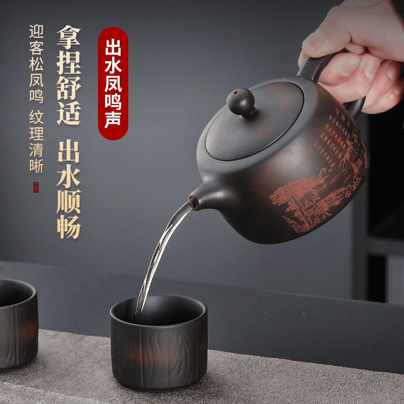 正宗建水紫陶茶壶茶具家用陶瓷纯手工雕刻迎客松井栏小容量凤