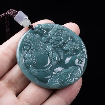 翡翠A货蓝水财神玉吊坠精美雕刻财神气质佳翡翠玉坠挂件巧雕