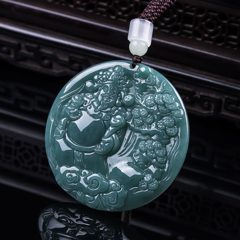 翡翠A货蓝水财神玉吊坠精美雕刻财神气质佳翡翠玉坠挂件巧雕