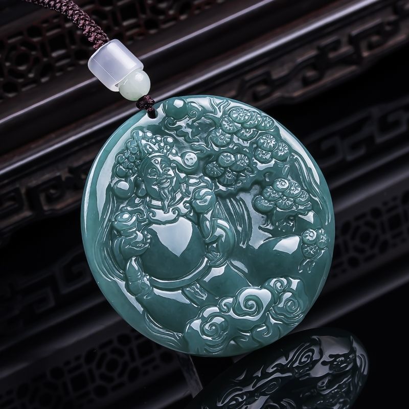 翡翠A货蓝水财神玉吊坠精美雕刻财神气质佳翡翠玉坠挂件巧雕