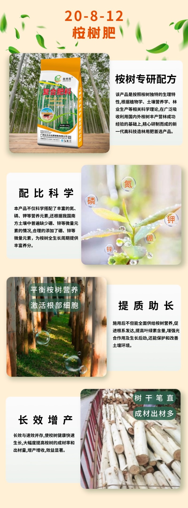 广西桉树肥复合肥林木适用20-8-12配方40含量加硼锌