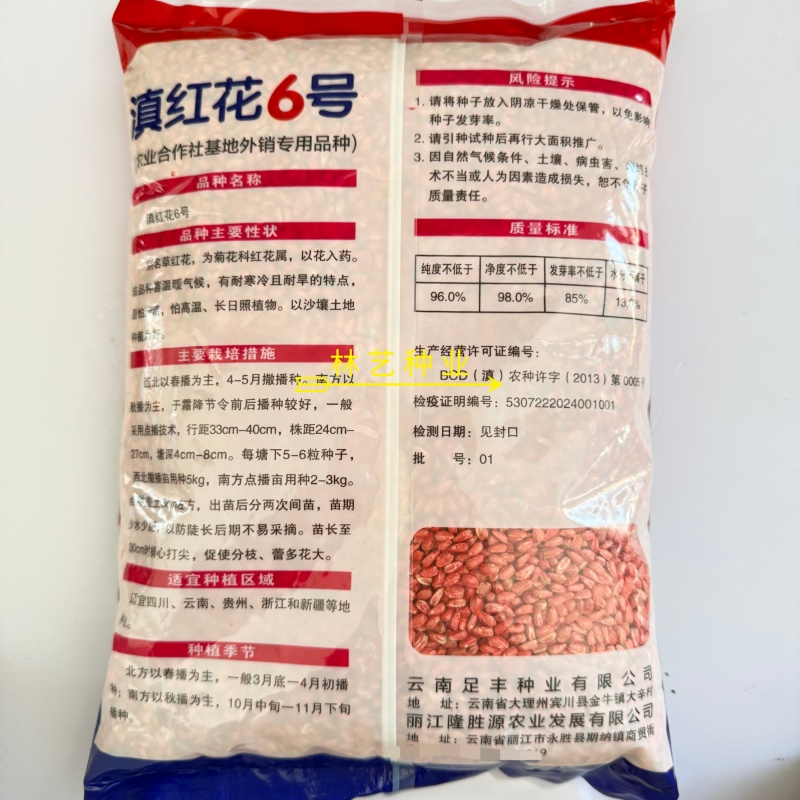 滇红花6号草红花种子花朵大无刺花丝长耐瘠产量高药材籽