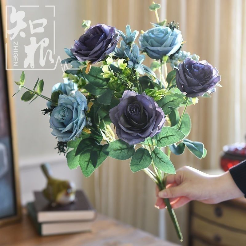 美式复古**仿真花油画玫瑰花束高档装饰假花客厅轻奢ins花束