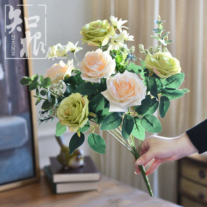 美式复古**仿真花油画玫瑰花束高档装饰假花客厅轻奢ins花束