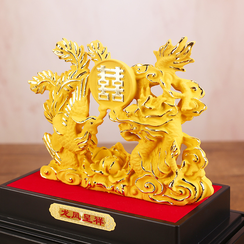 绒沙金摆件龙凤呈祥婚庆摆件百年好合黄金店礼品朋友结婚礼品