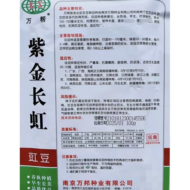 紫金长虹豇豆种子紫红长荚高产抗病农家春秋播种优质豇豆种子