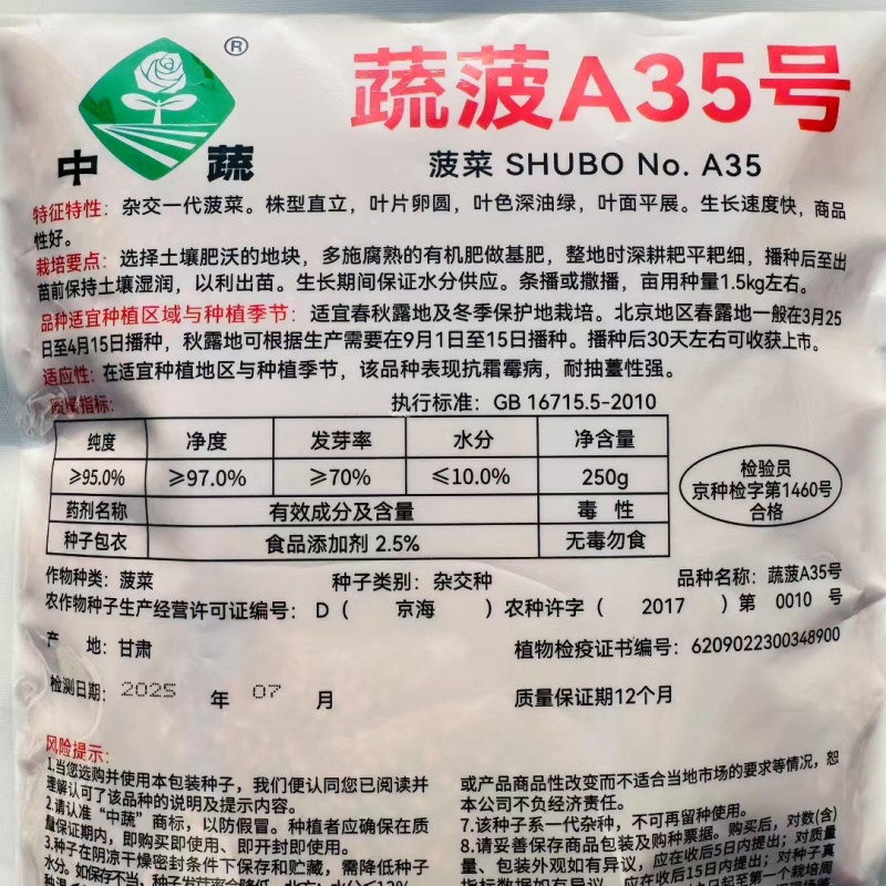 蔬菠A35号菠菜种子圆叶抗病强耐热抗寒耐抽苔大叶菠菜种子
