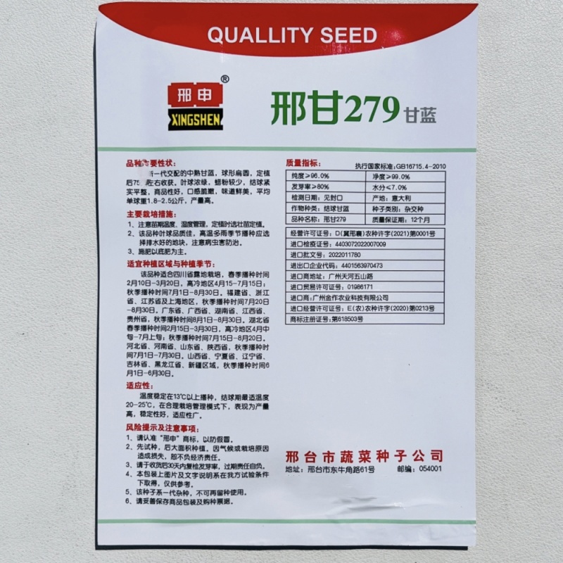 邢申刑甘279口感型甘蓝种子中熟包菜种籽杂交水果甘蓝种子