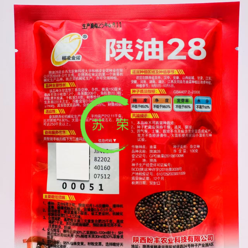 陕油28号油菜种子秋冬季耐寒甘蓝型杂交菜籽种高产抗病