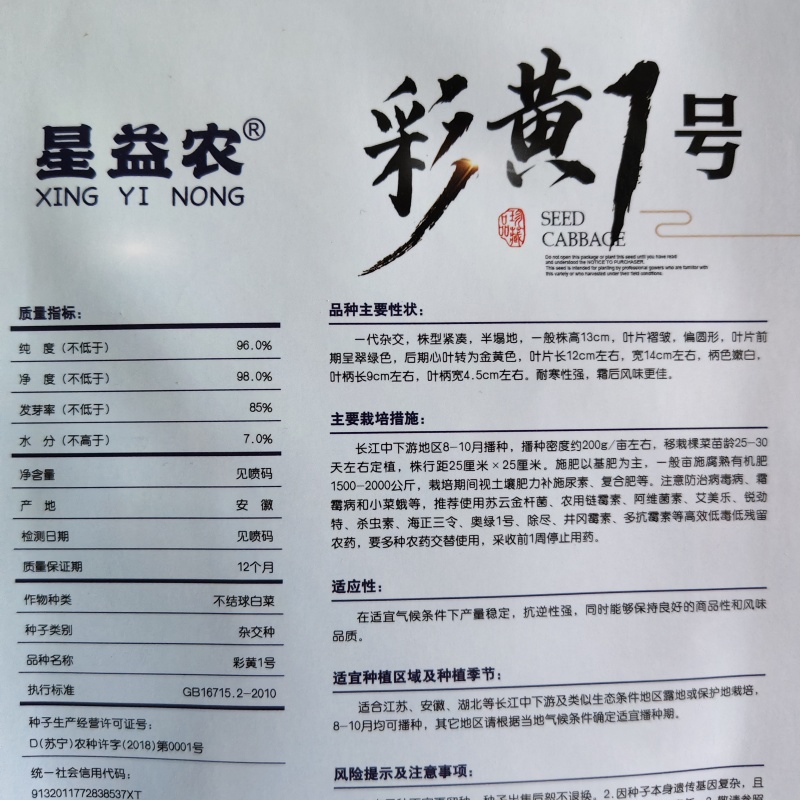 一代杂交黄心菜种子彩黄1号