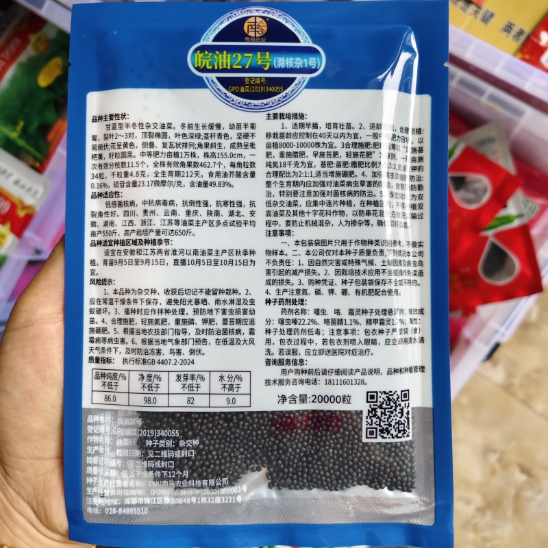 滁核杂1号油菜种子矮杆高产分枝多高含油结荚密榨油菜籽种子