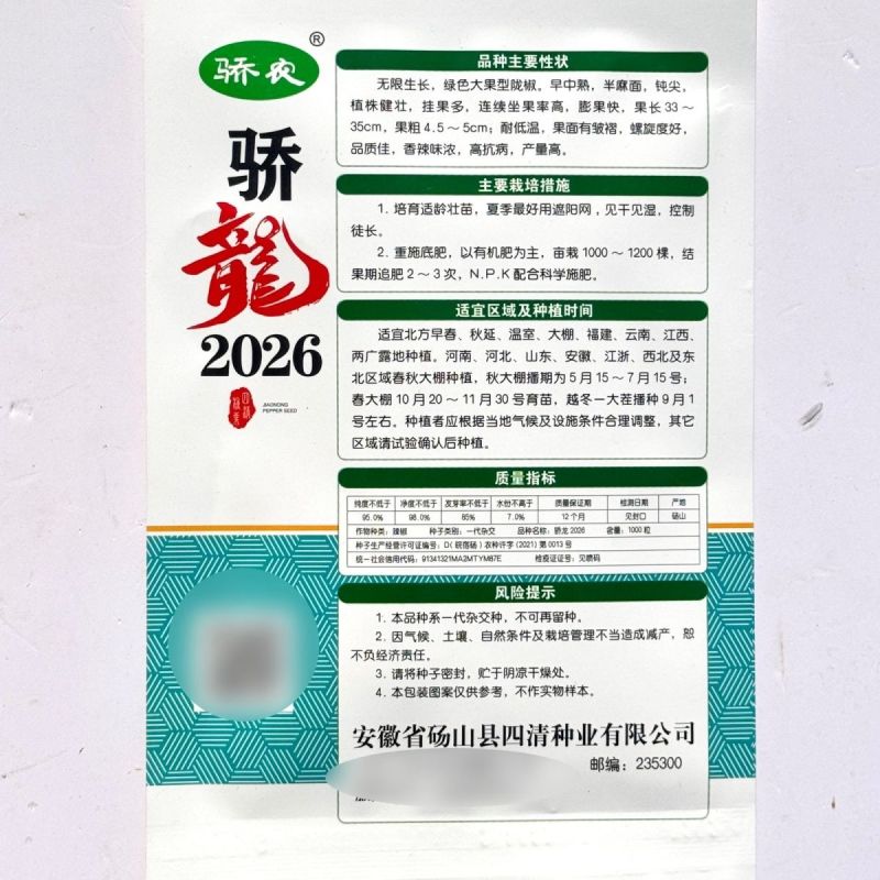 骄龙2026无限生长绿色大果陇椒种子中早熟半麻面钝尖高产