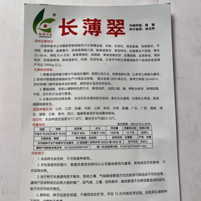 红发长薄翠薄皮椒种子，大果青皮杂交一代种子