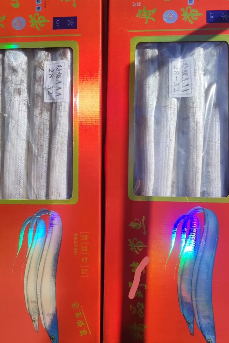 九斤重礼盒舟山带鱼，九斤重，有红.金两种，价格便宜